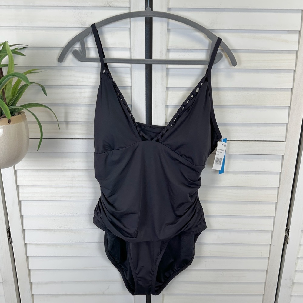 New Bleu Rod Beattie Black Pulling Strings One Piece Swimsuit Ruched Size‎ 14
